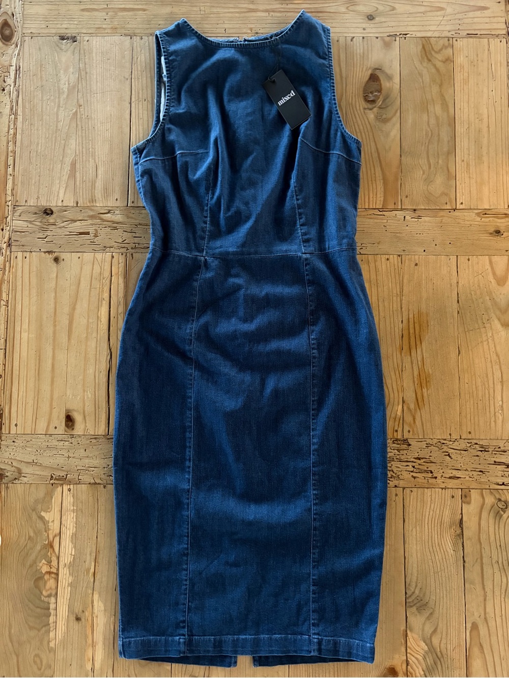 Sleeveless Denim Midi Sheath Dress in Dark Blue